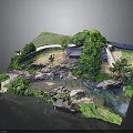 Lush Natural Scenic Model Featuring Flowing Stream Scattered Rocks Trees And Traditional Pavilion