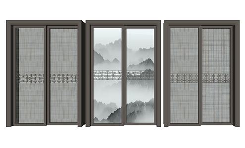 New Chinese style sliding door wire glass sliding door 3d model