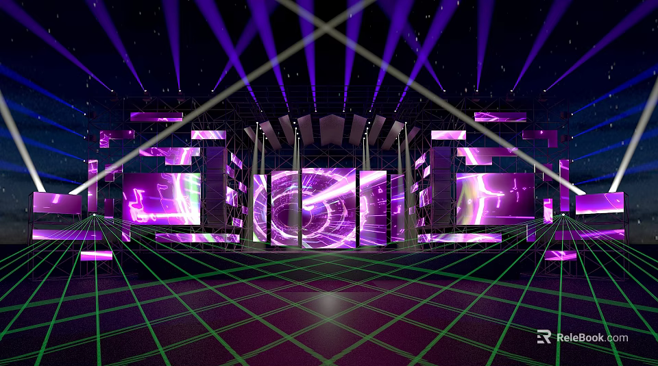 Dynamic Stage Design With Purple Green Lighting LED Screens And Geometric Lines 3d model 