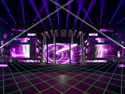 Dynamic Stage Design With Purple Green Lighting LED Screens And Geometric Lines 3d model
