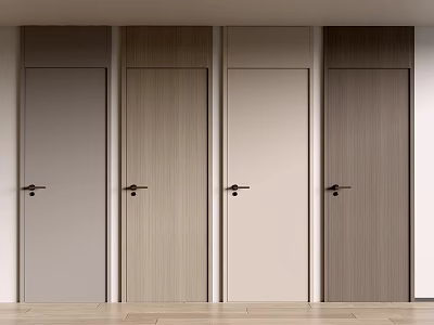 Modern Interior Hinged Doors Showcasing Various Wood Grain Solid Color And Black Handle Designs 3d model