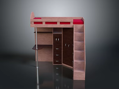 Wooden Loft Bed With Upper Red Mattress Lower Desk Drawers And Ladder 3d model
