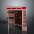 Wooden Loft Bed With Upper Red Mattress Lower Desk Drawers And Ladder