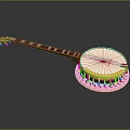Artistic Banjo Instrument With Golden Decorative Body White Panel And Reflective Surface