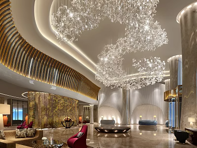 Elegant Modern Hotel Lobby With Crystal Chandelier Marble Accents And Stylish Sofas 3d model