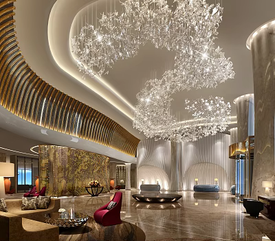 Elegant Modern Hotel Lobby With Crystal Chandelier Marble Accents And Stylish Sofas 3d model
