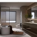 Modern Bathroom Interior With Bathtub Toilet Washing Machine Double Sinks Mirror Window Blinds And Plant