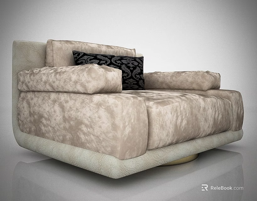 Beige Velvet Single Sofa With Black Patterned Cushion Square Armrest And Round Base 3d model 