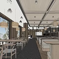 Spacious Restaurant Interior With Wooden Tables Chairs Hanging Lanterns And Large Windows