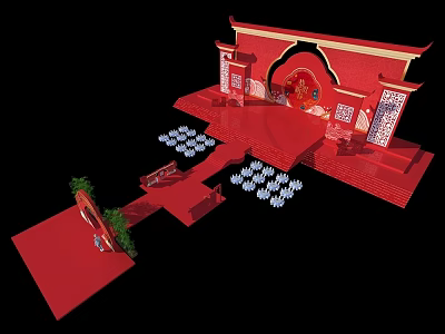 Traditional Chinese Wedding Stage With Red Carpet And Ornate Decorative Seats 3d model