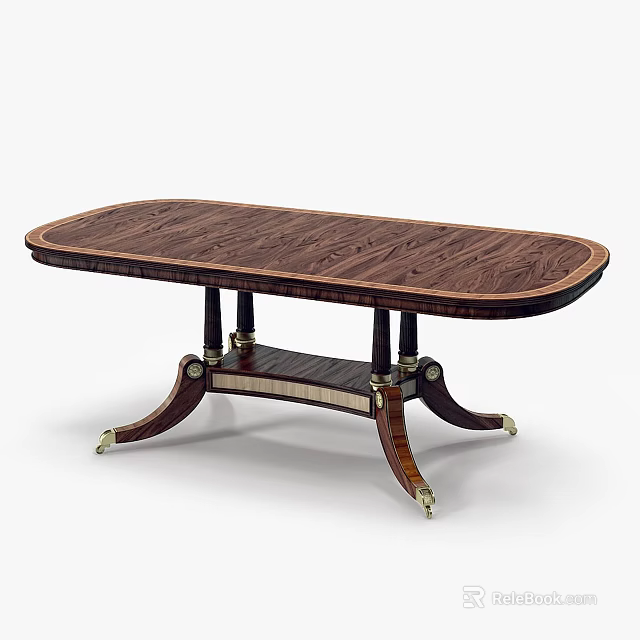 Classic Oval Wooden Dining Table With Inlaid Top Brass Accents And Carved Legs 3d model 
