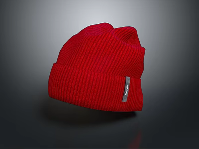 Red Soft Ribbed Knit Beanie With Tag On Gray Background 3d model