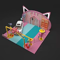 Pink Cat Ear Shaped Toy Car Wash Scene With White Car Balloons And Flamingo Decorations