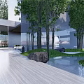 Modern Garden Landscape With Glass Curtain Walls Trees And Open Courtyard Paving