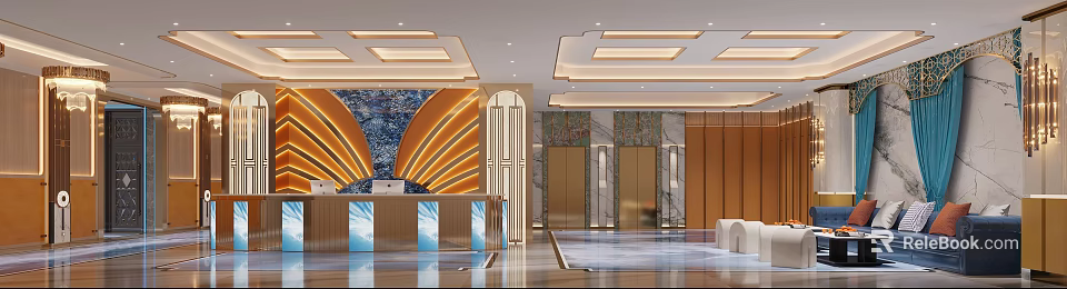 Luxurious Modern KTV Lobby Interior Design Featuring Reception Desk And Marble Elevators 3d model