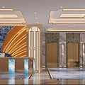 Luxurious Modern KTV Lobby Interior Design Featuring Reception Desk And Marble Elevators 3d model