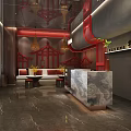 Elegant Hotel Lobby With Red Accents Chandeliers Sofa Seating Potted Plants And Marble Reception Desk