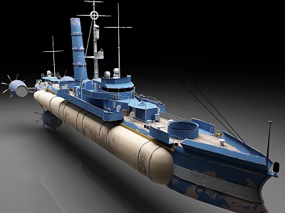 Detailed Blue Submarine Model Featuring Antennas Turrets And Beige Hull 3d model