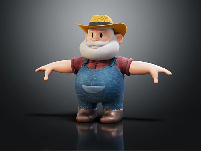 Cartoon 3D Character With Yellow Hat White Beard Red Plaid Shirt Blue Overalls Outstretched Arms 3d model
