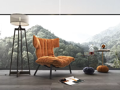 Cozy Orange Accent Chair With Floor Lamp Side Table And Mountain View Magazines 3d model