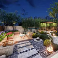 Rooftop Garden Water Fountain Design With Stone Path Greenery And Outdoor Lighting