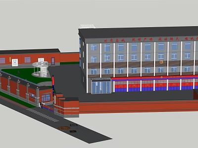 Modern Multi Storey Office Building With Red Brick Glass Curtain Walls And Green Roof 3d model
