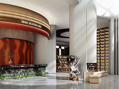Modern Hotel Reception Area With Wooden Counter Green Plants And Sculpture Decor 3d model