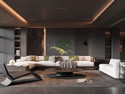 Modern Living Room Design With L shaped Sofa Throw Pillows Round Coffee Table And Fern Plant 3d model