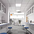 Modern Laboratory Interior With Glass Door Cabinets Long Benches Faucets Blue Stools And Striped Carpet