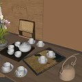 Elegant Tea Ceremony Set With White Teapot Teacups Trays And Orchid On Wooden Table