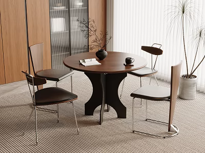 Modern Interior With Round Wooden Table Four Chairs Potted Plant And Wooden Cabinet 3d model