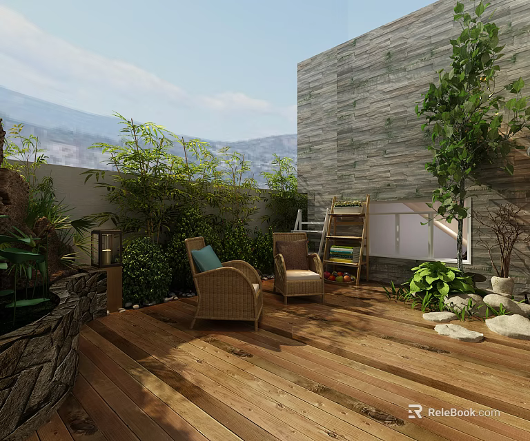 Cozy Garden Landscape with Wooden Deck Wicker Chairs Green Plants Stone Wall and Decorative Lantern 3d model 
