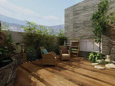 Cozy Garden Landscape with Wooden Deck Wicker Chairs Green Plants Stone Wall and Decorative Lantern 3d model
