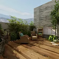 Cozy Garden Landscape with Wooden Deck Wicker Chairs Green Plants Stone Wall and Decorative Lantern