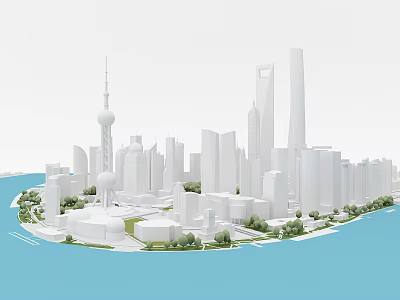 3D City Model of Urban Skyline with Modern Skyscrapers River and Green Areas 3d model