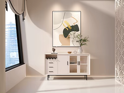 Modern White Sideboard With Drawers Glass Doors Green Plant And Wall Art In Living Space 3d model