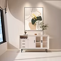 Modern White Sideboard With Drawers Glass Doors Green Plant And Wall Art In Living Space