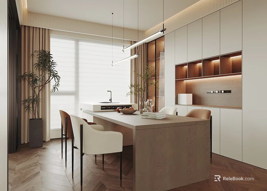 Modern Dining Room Interior With Wooden Table Chairs Pendant Lights And Cabinets 3d model 