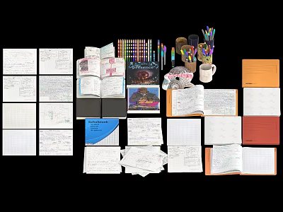 Open Books Magazines Notebooks And Papers On Table With Colored Pens And Mug 3d model