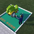 Green And Yellow Rocking Playground Equipment On Green Mat With Child Pointing