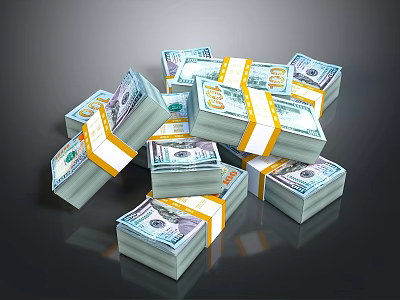 Stacked US Dollar Bills Bundled With Yellow Tape On Black Surface 3d model