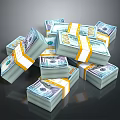 Stacked US Dollar Bills Bundled With Yellow Tape On Black Surface