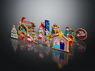 Christmas Decorative Ornament Set With Nativity Scene Santa Claus Tree Decorations And Merry Christmas Signs 3d model