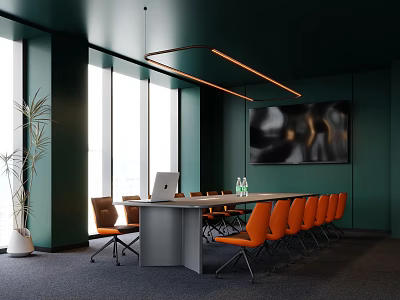 Modern Conference Room With Dark Green Walls Large Windows And Orange Chairs 3d model