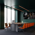 Modern Conference Room With Dark Green Walls Large Windows And Orange Chairs