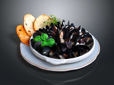 Fresh Mussels Served With Garlic Bread And Basil Leaves On White Plate 3d model