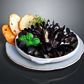 Fresh Mussels Served With Garlic Bread And Basil Leaves On White Plate