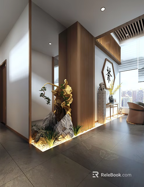 Modern Chinese Style Teahouse Interior With Wooden Decor Green Plants And City View 3d model 