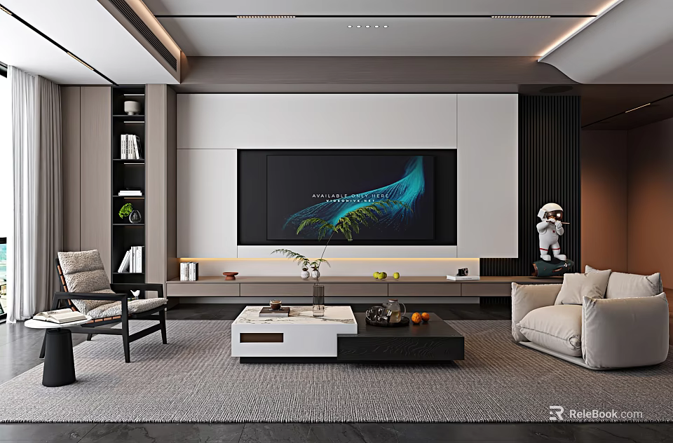 Modern TV Background Wall With Large Screen Bookshelves Sofa And Decorative Astronaut Figurine 3d model 
