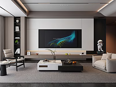 Modern TV Background Wall With Large Screen Bookshelves Sofa And Decorative Astronaut Figurine 3d model